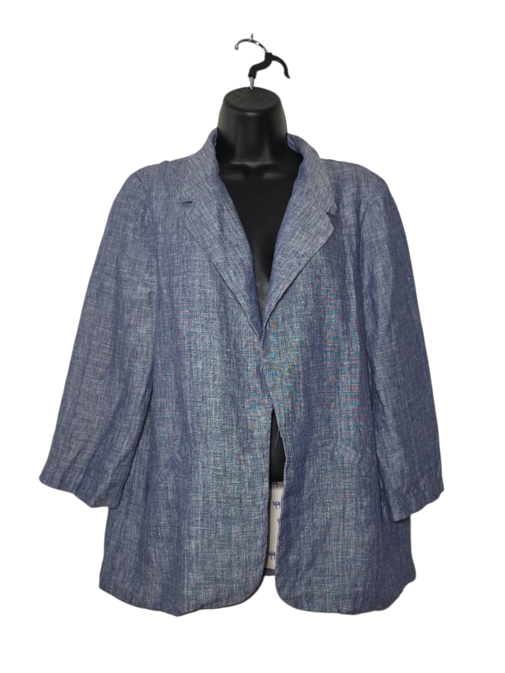 Under Skies Linen Blue Open Front Lightweight Blazer Novelty Camel Lining Size L